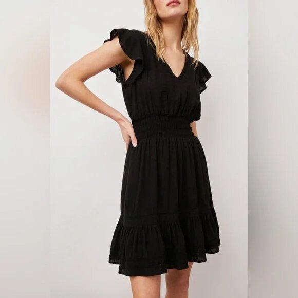 Rails Tara Mini Dress Size Small Black Flutter Sleeve Smocked Waist Linen - Picture 1 of 11